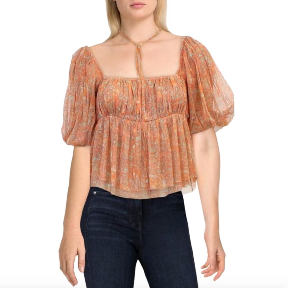 NWT Free‎ People Penelope Printed Chiffon Puff Sleeve Babydoll Crop Top Blouse S